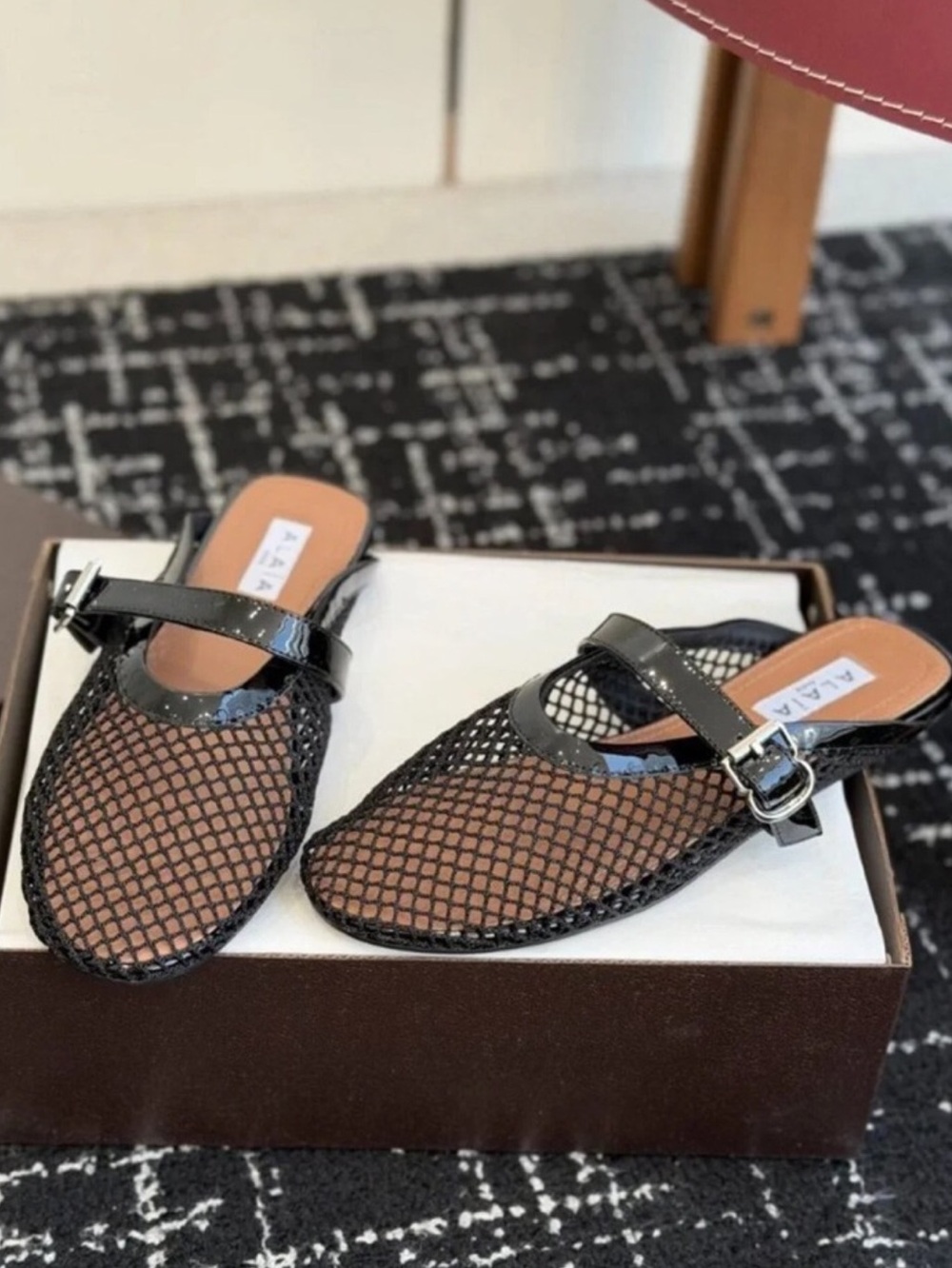Alaia Black Mesh Buckle Mules
